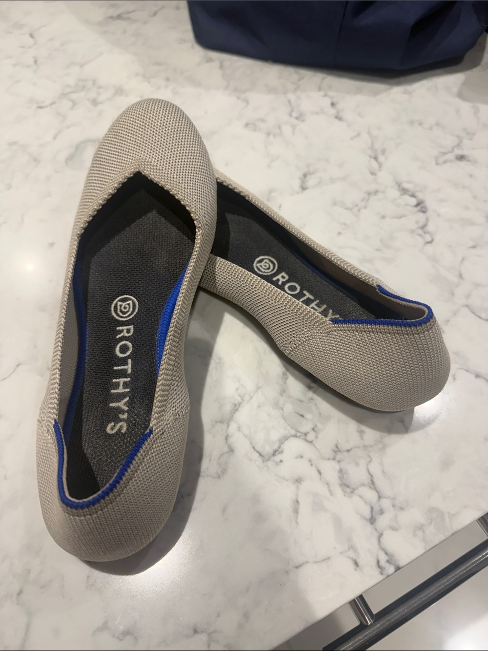 Rothy's Beige Knit Ballet Flats with Blue Trim